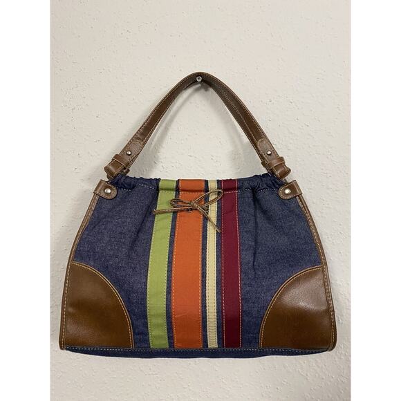 Bath And Body Works Denim Tote Leather Canvas Stripe Bohemian Medium 14"X10 - Picture 1 of 6